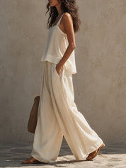 Boho Slub Linen Sleeveless Blouse & Lace-Trimmed Wide-Leg Pants Set