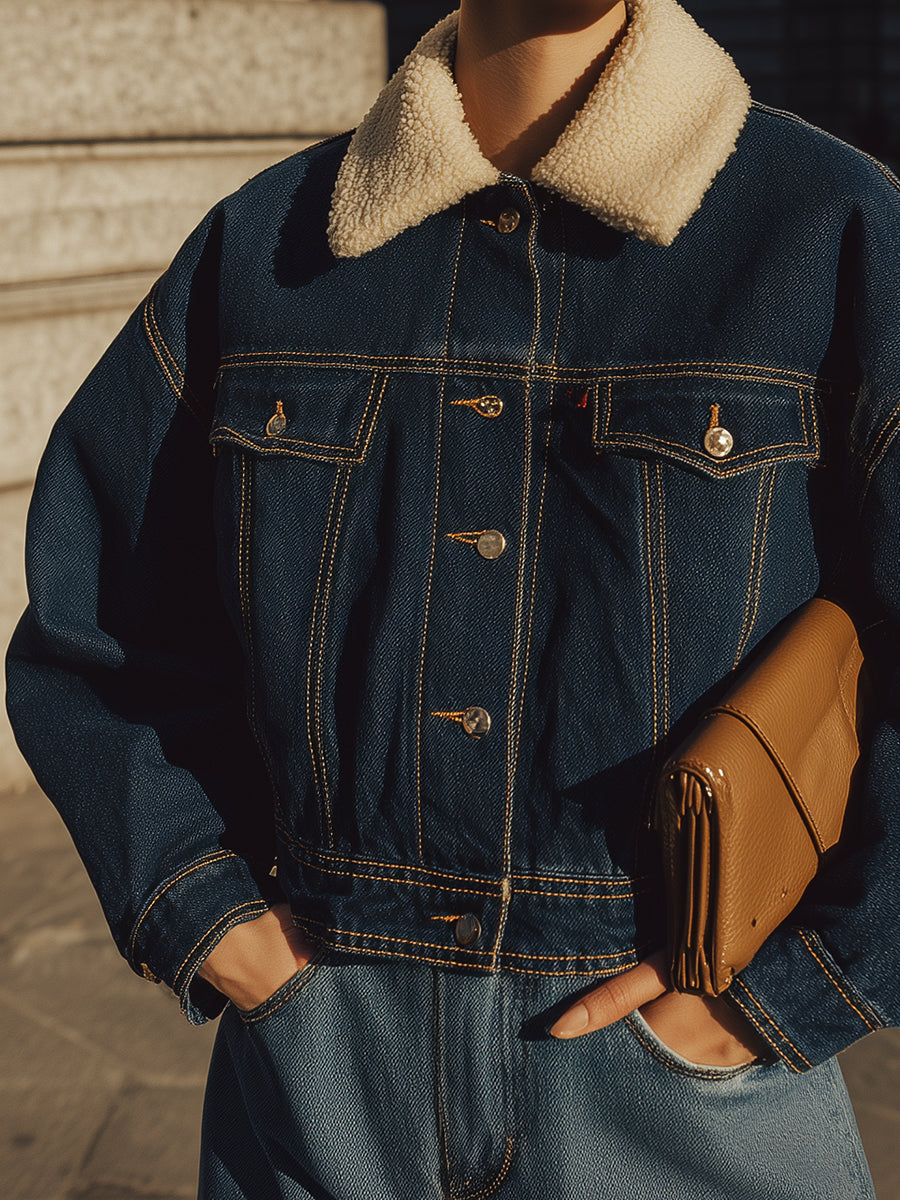 Minimalist Stand-up Collar Denim Sherpa Collar Splicing Cropped Boxy Jacket