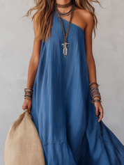 Royal Blue Striped Off-the-shoulder Flowing Long Dress