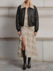 Retro Distressed Eco-friendly Leather Plush Patchwork Collar Cropped Jacket