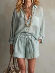 Sage Linen Relaxed Shirt Drawstring Shorts Set