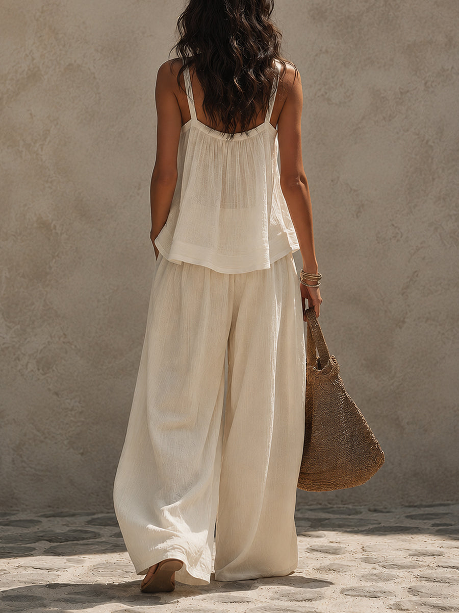 Boho Slub Linen Sleeveless Blouse & Lace-Trimmed Wide-Leg Pants Set