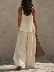 Boho Slub Linen Sleeveless Blouse & Lace-Trimmed Wide-Leg Pants Set