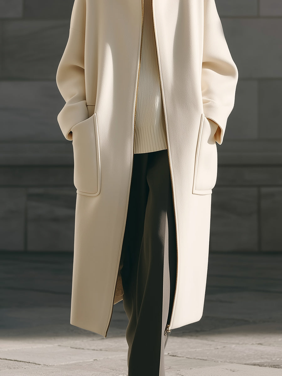 Minimalist Wool Straight Coat With Stand Collar And Front Zipper Design