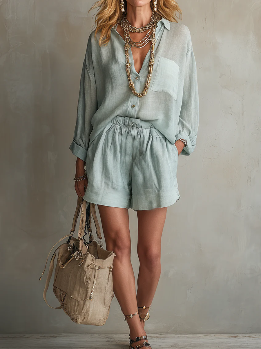 Sage Linen Relaxed Shirt Drawstring Shorts Set