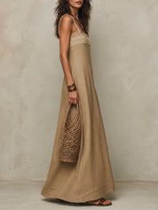 Quiet Luxury Lace-Trimmed Cotton-Linen Straight-Cut Maxi Dress