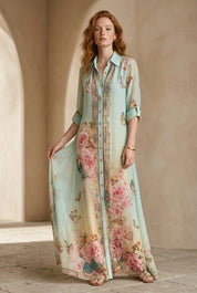 Baroque Style Mint Green Chiffon Floral Maxi Dress