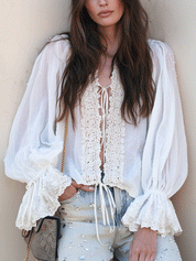 Romantic Boho Cotton-Gauze Crochet-Lace Tie-Front White Peasant Blouse