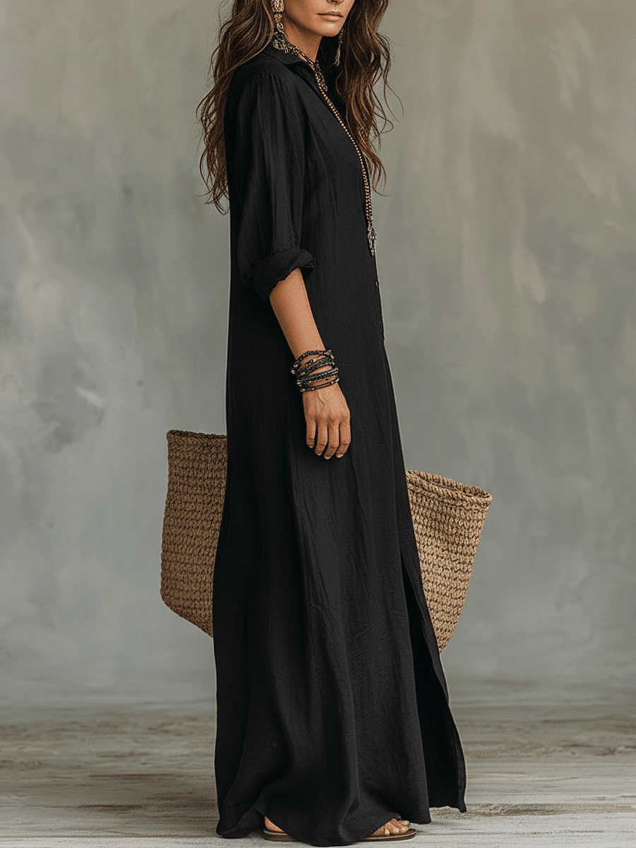 boho button up maxi dress Leo Button Front Maxi Dress Black/Lemon / XS