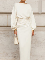 Minimalist Dolman Sleeves With Pleated Waist And Slit Pencil Maxi Dress