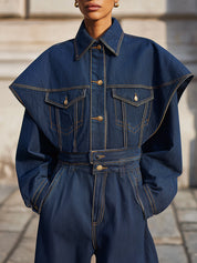 Deconstructed Cape Collar Topstitched Washed Denim Cropped Jacket