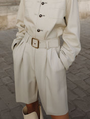 Neutral Style Stand-collar Jacket & Wide-leg Shorts Set With Belt
