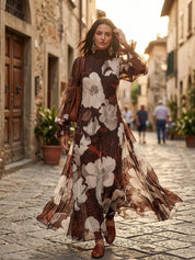 Floral Print High Neck Long Sleeve Chiffon Maxi Dress
