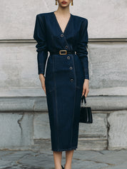 Deconstructed Diagonal Placket Washed Denim Shoulder Pad Midi Dress