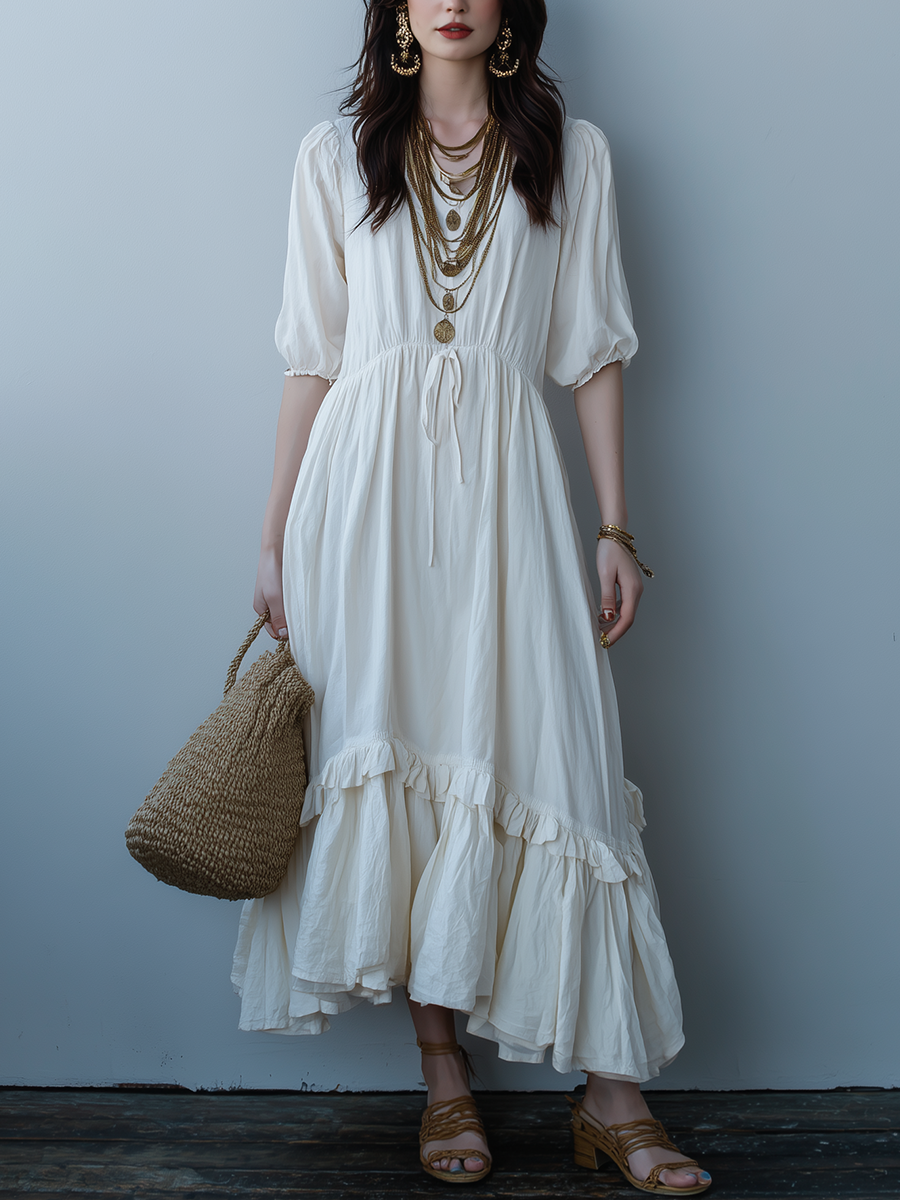 Ivory White High Waisted Drawstring Ruffled Hem Midi Dress