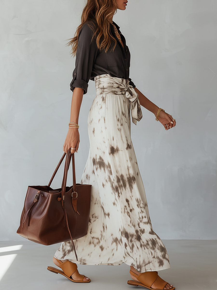 Effortless Button-Down Shirt & Tie-Dye Wide-Leg Skirt Set