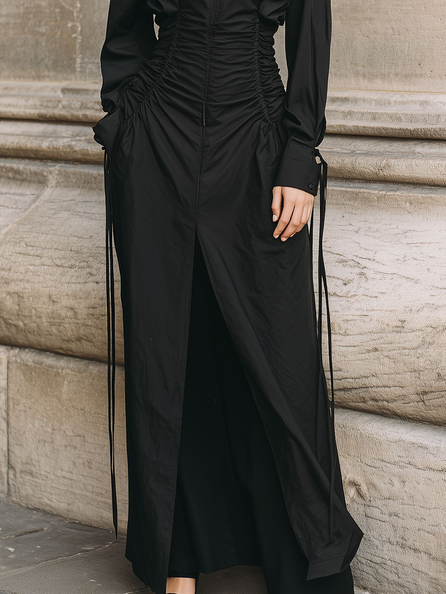 Deconstructed Waist Shirring Maxi Dress With Front Slit