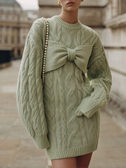 Unique Bow-knit Cable-knit Drop Sleeve Mini Dress With Bow On The Chest