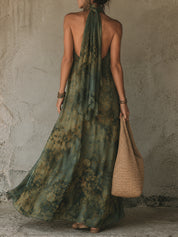 Boho Retro Floral Print Keyhole Neck Chiffon Maxi Dress