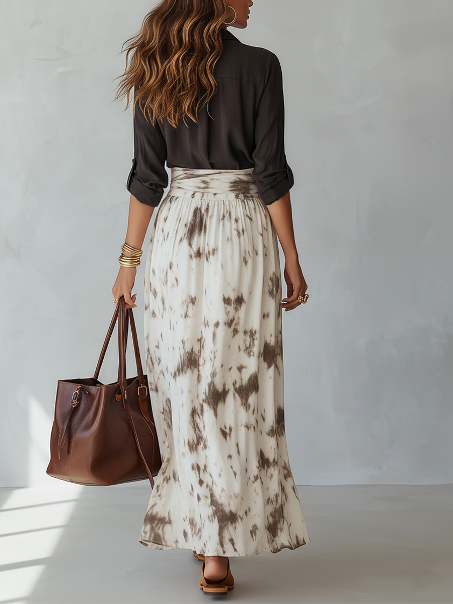 Effortless Button-Down Shirt & Tie-Dye Wide-Leg Skirt Set