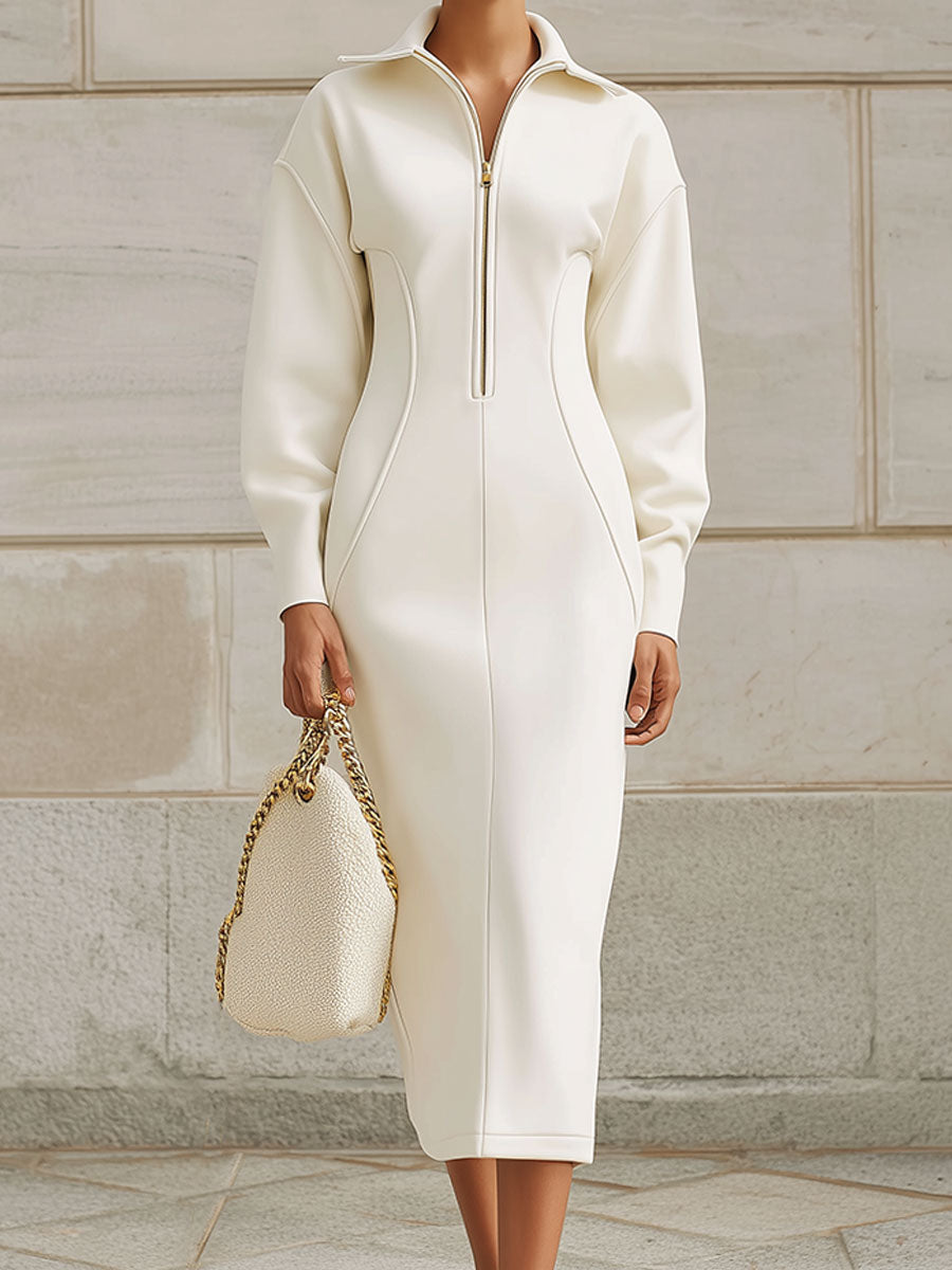 Deconstructed Front Half Zippered Off-shoulder Midi Dress