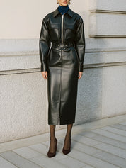Structured Luxe Zip-Front Eco-friendly Leather Midi Dress