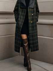Chic Vibe  Eco-friendly Leather Lapel  Dark Green Plaid Wool Coat