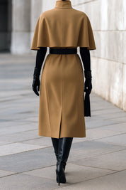 Old Money Oversized Camel Cape Cocoon Wool Set With Statement Belt