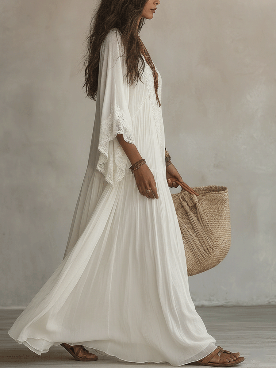 Effortless Flowy Vacation Cream White Boho Maxi Dress