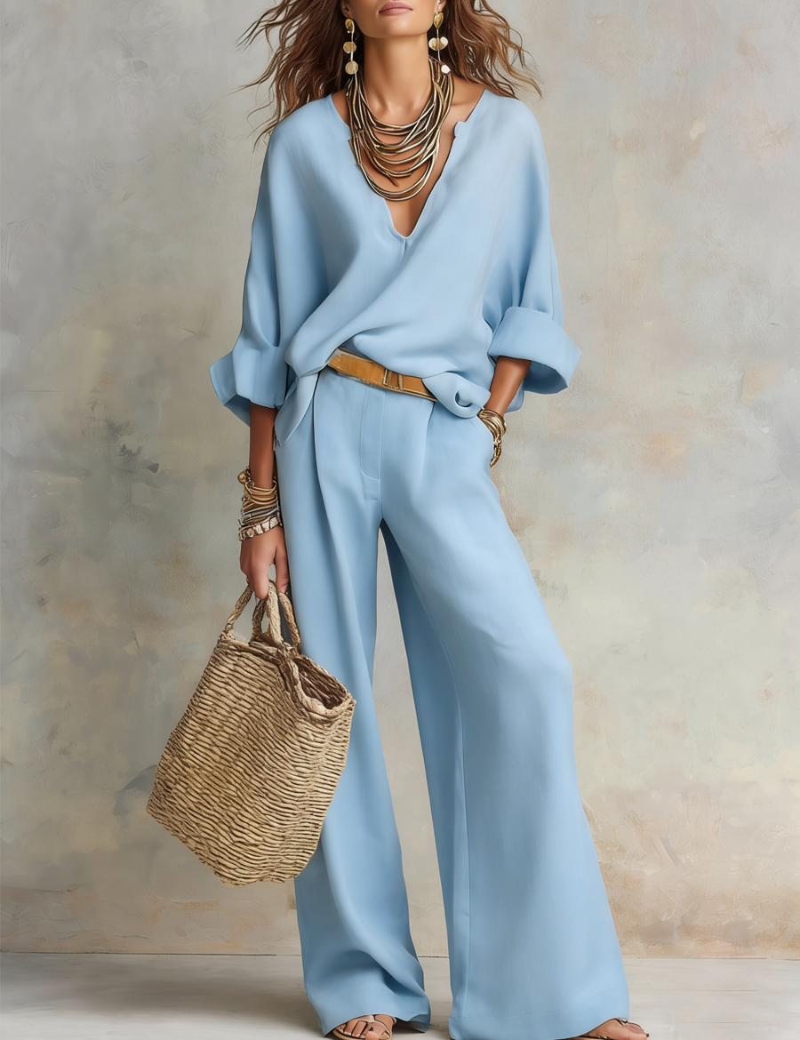 Off White Natural Linen Loose Fitting Resort Wear Set