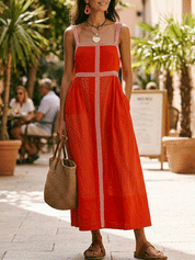 Effortless Resort Linen Contrast-Stripe Wide-Strap Tomato Red A-Line Maxi Dress