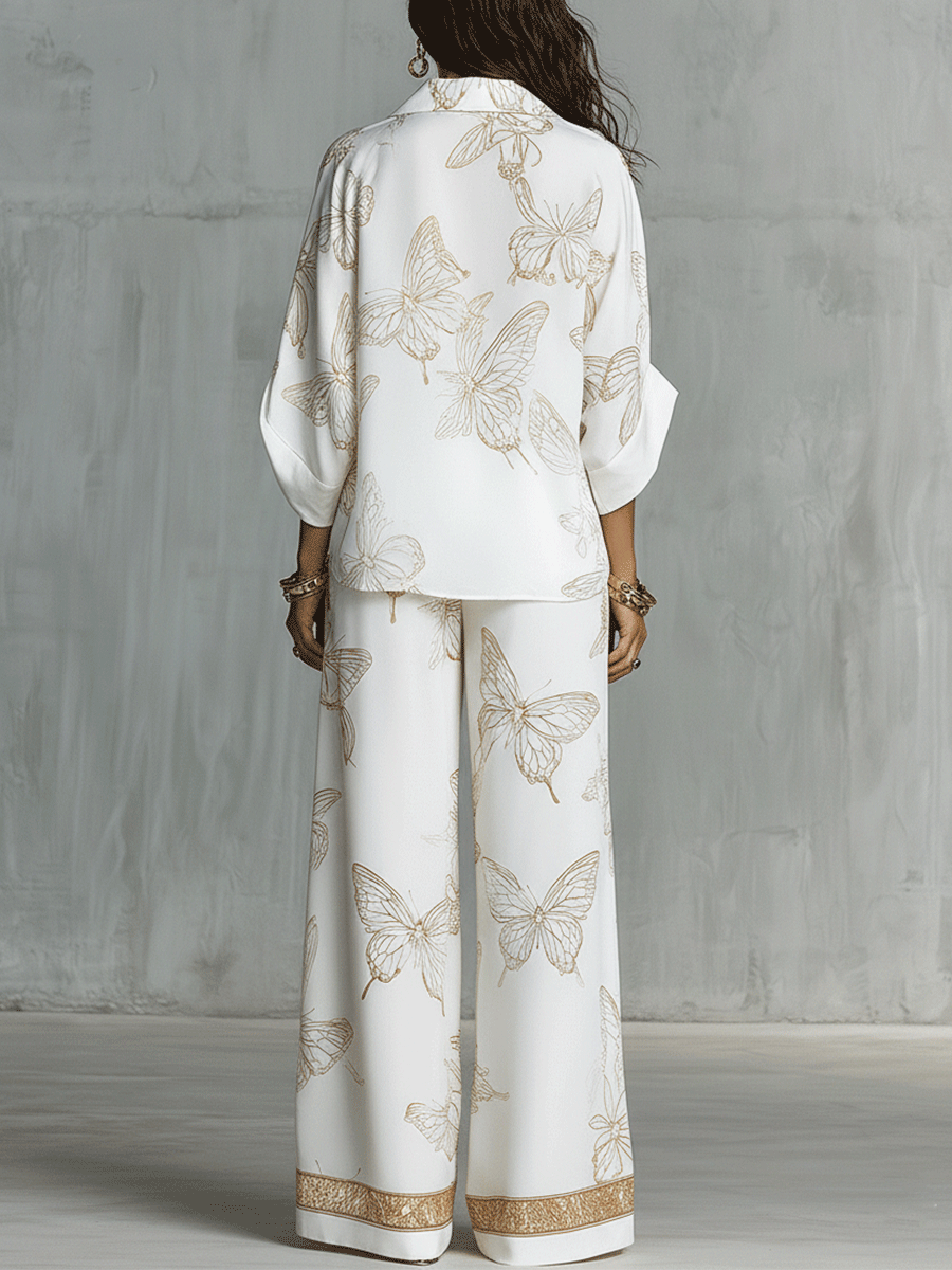 Bohemian Luxe Butterfly Jacquard Blouse & Wide-Leg Pants Set