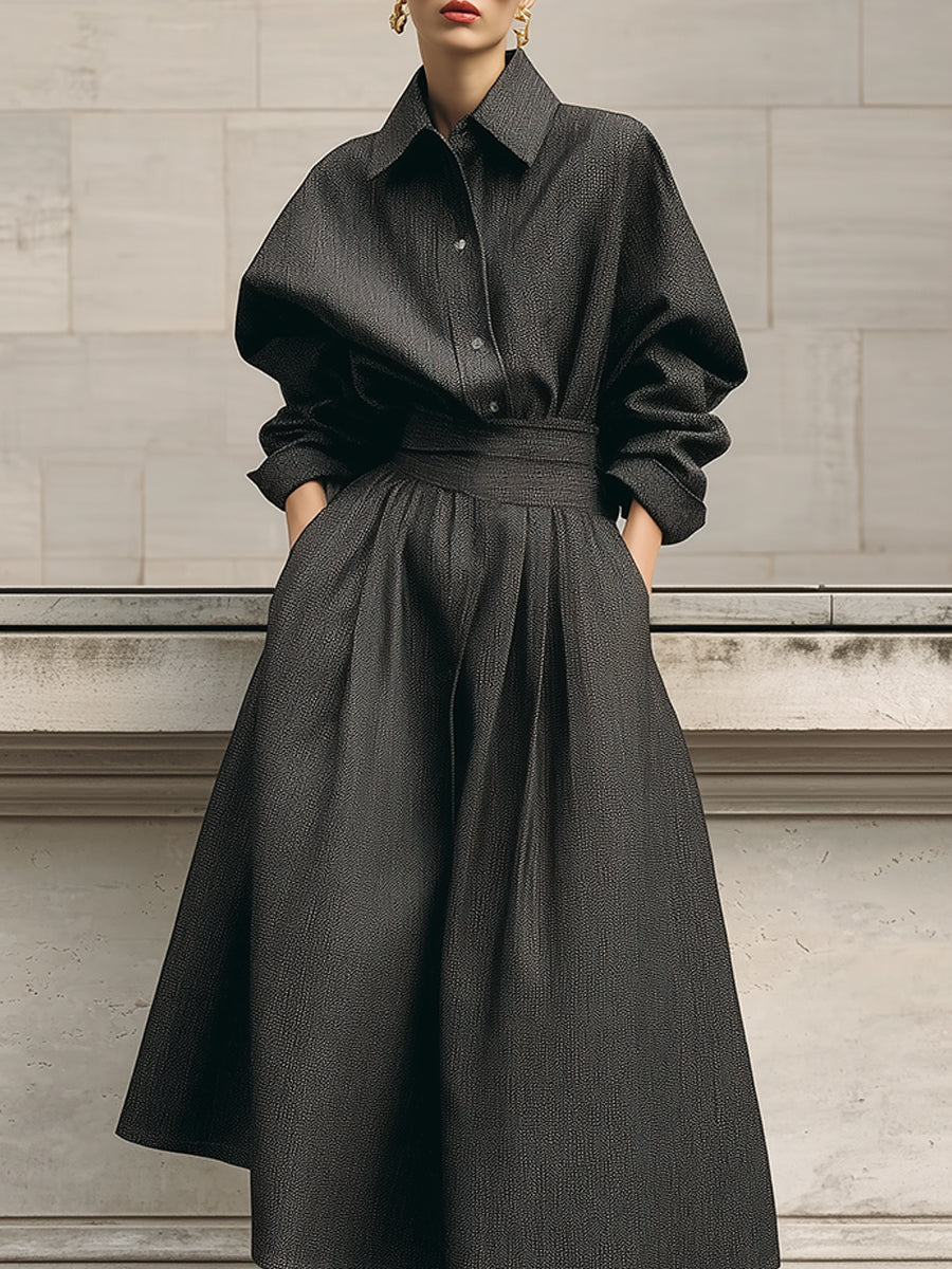 Minimalist Oversized Blouse & Waist Pleated Diagonal Pockets Skirt Set