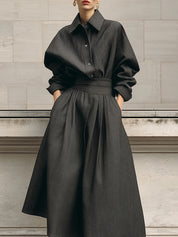 Minimalist Oversized Blouse & Waist Pleated Diagonal Pockets Skirt Set