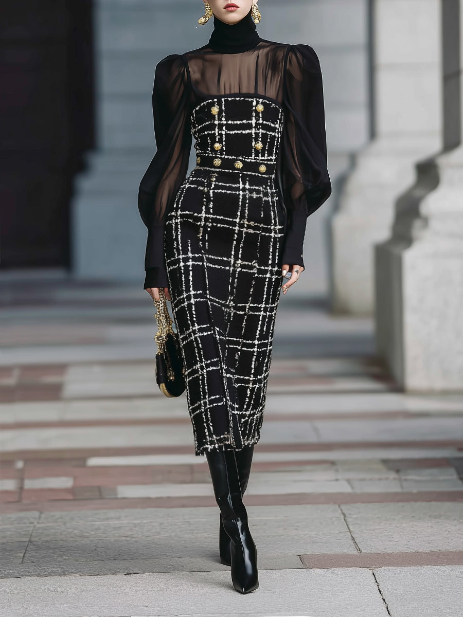 Classic Plaid Tweed Transparent Chiffon Patchwork Lantern Sleeve Midi Dress