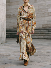 Art Nouveau Botanical Scrolls Printed Micro Fishtail Hem Dress With Belt