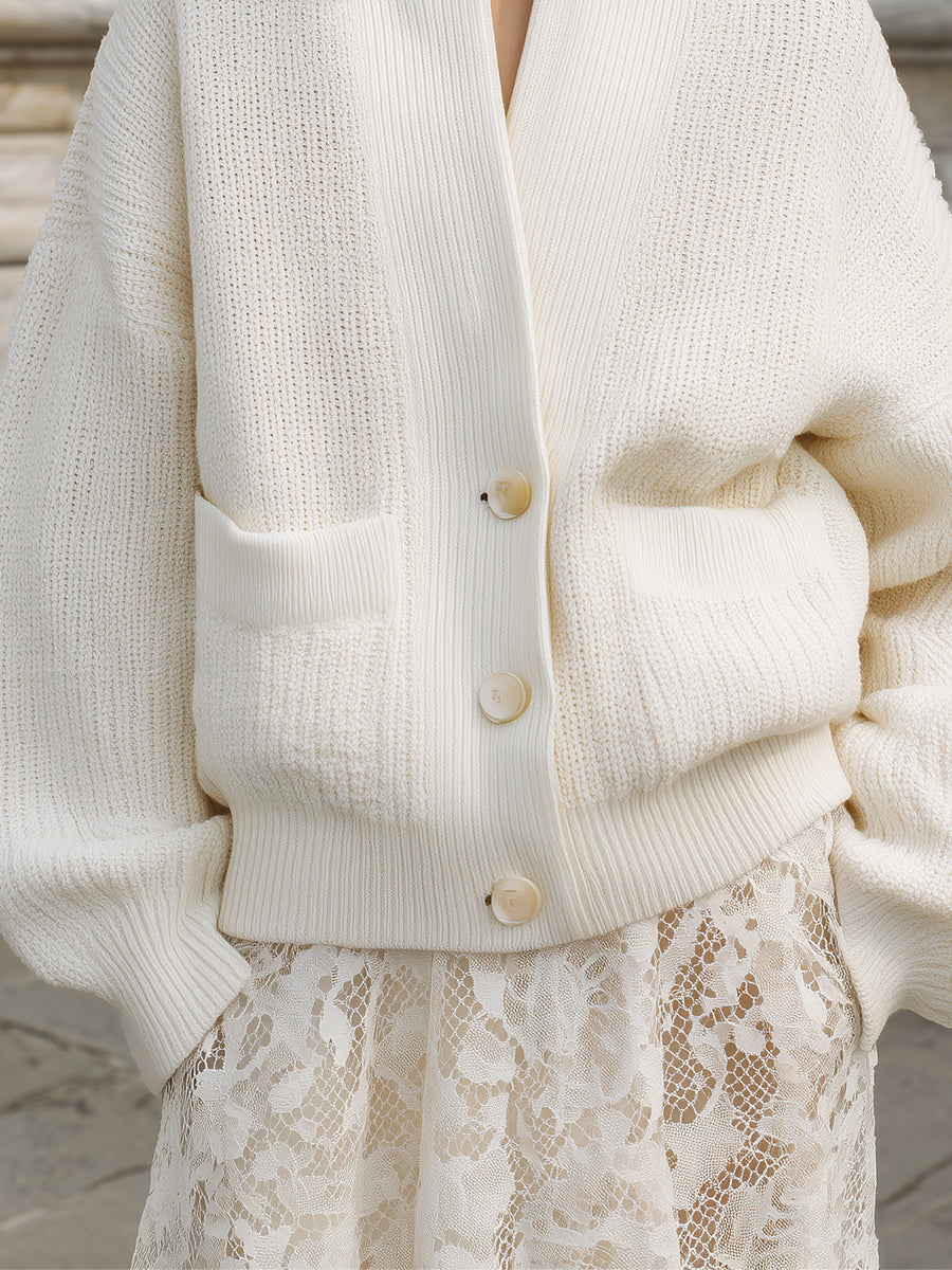 Minimalist Oversized Dropped Shoulder Lantern Sleeve Woolen Cardigan