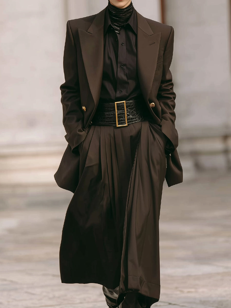 Old Money Minimalist Lapel Metal Buckle Blazer & Pleated Skirt Set