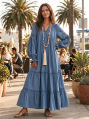 Chic Textured Cotton Split-Neck Tiered Flowy Chambray Blue Maxi Dress