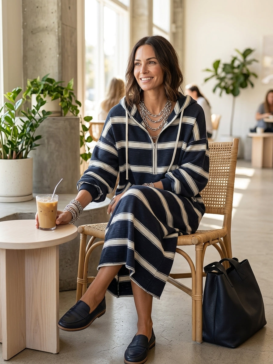 Striped Hooded Half-Zip Maxi Sweatshirt Dress