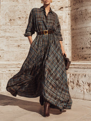 Retro Colorful Plaid Printed Cotton Shirt Maxi Dress With Belt