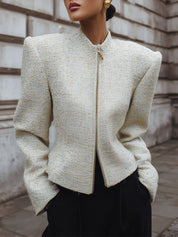 Minimalist Tweed Shoulder-padded Front-zip X-fit Jacket
