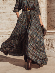 Retro Colorful Plaid Printed Cotton Shirt Maxi Dress With Belt