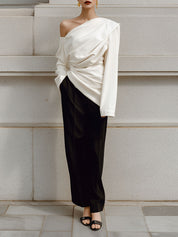 90s Minimalist Commuter Pleated Asymmetrical Slanted Shoulder Blouse