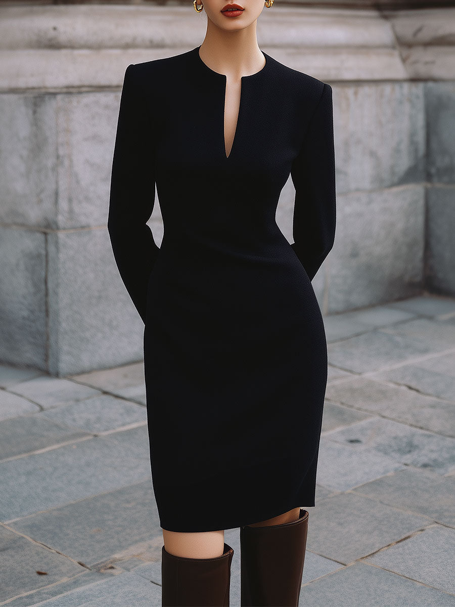 Minimalist V-neck Waist Pencil Midi Dress