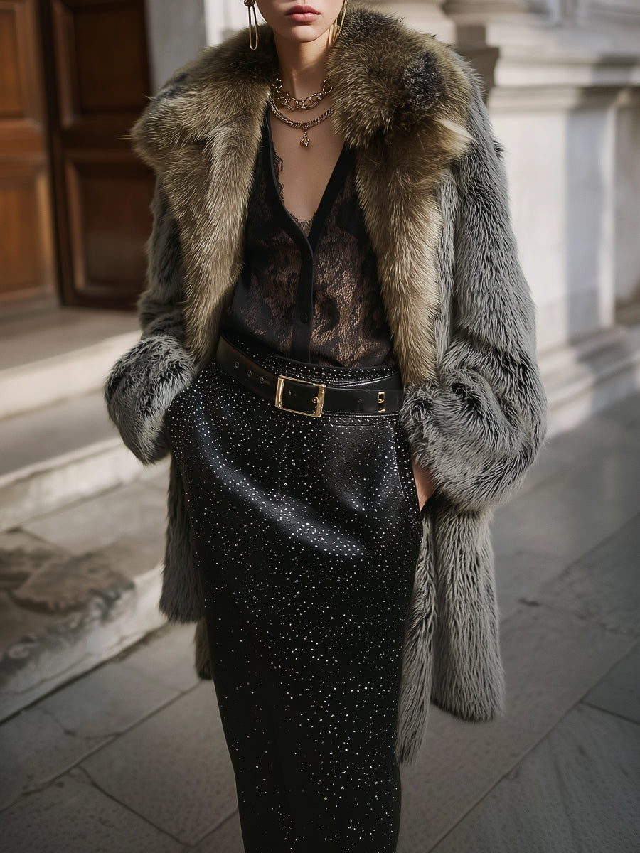 Power Dressing Suit Faux Fur Lapel Mid-length Coat