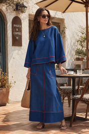 Modern Minimal Cotton-Denim Red-Topstitch Boxy Indigo Skirt Set