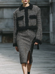 Power Dressing Suit Tweed Sherpa Patchwork Jacket & Front Slit Skirt Set