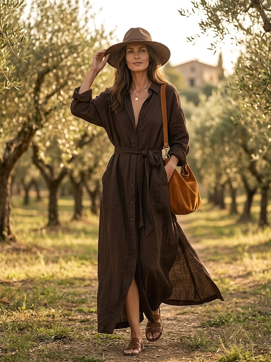 Women's Long Sleeve Belted Deep V Neckline Maxi Shirt Dress