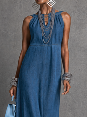 Vacation-to-Dinner Sleeveless Denim Tulle Midi Dress